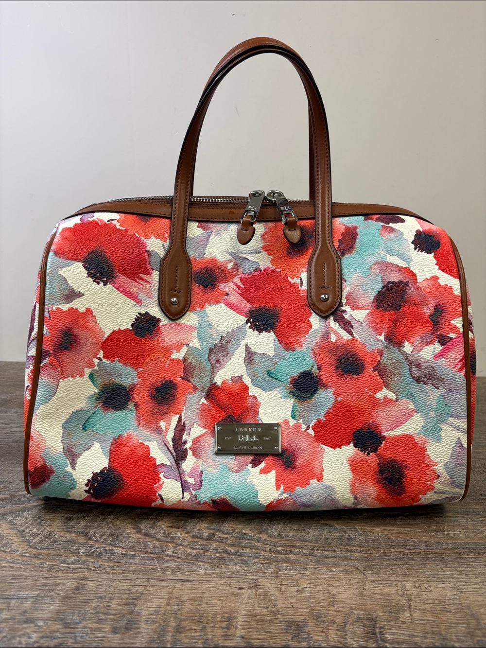 Lauren Ralph Lauren “Clements” Barrel Floral Satchel Handbag
